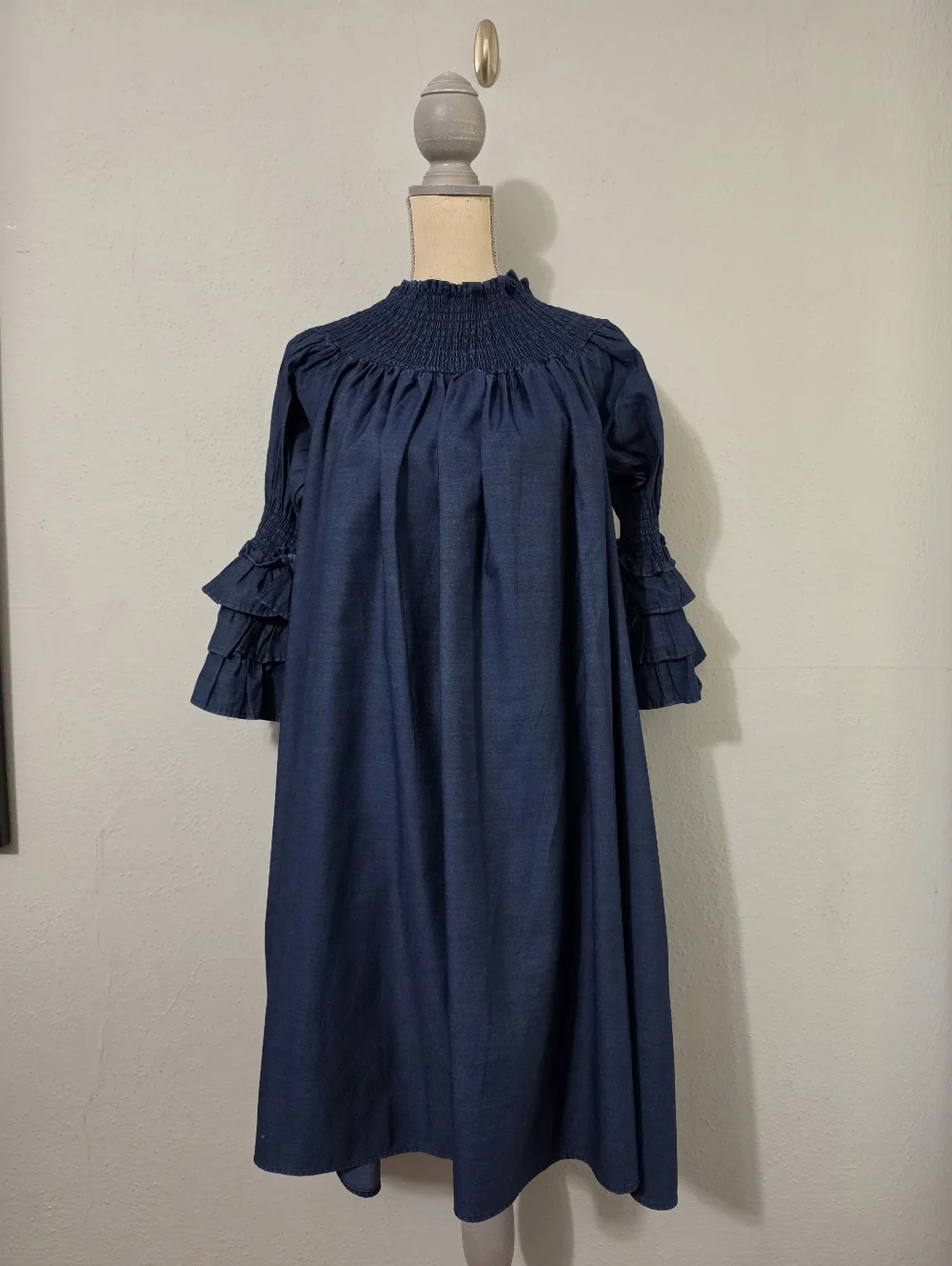 Elegant Navy Denim Off-Shoulder Dress with Ruffle Sleeves One Size